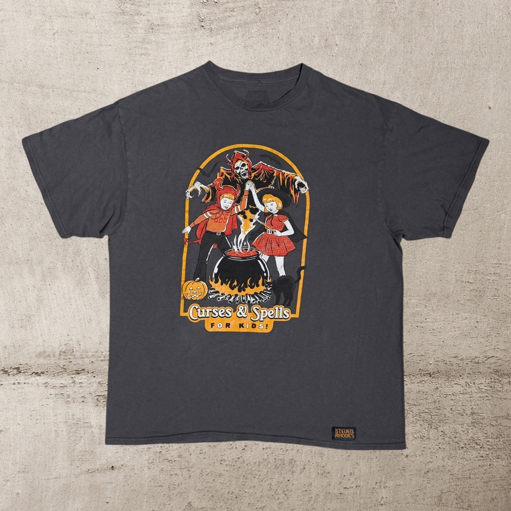 Steven Rhodes Curses & Spells For Kids T-Shirt Men's XL Gray Retro Graphic‎ Tee